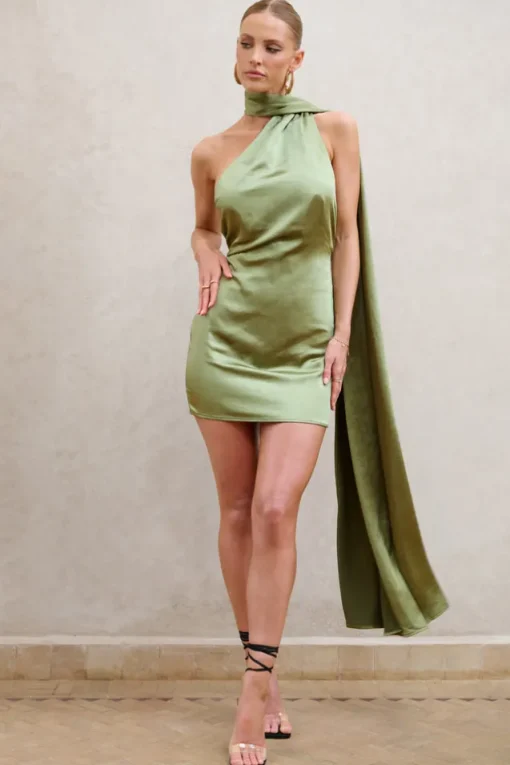 Nasira | Olive Asymmetric Neck Open Back Mini Dress With Scarf Detail