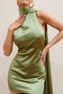 Nasira | Olive Asymmetric Neck Open Back Mini Dress With Scarf Detail