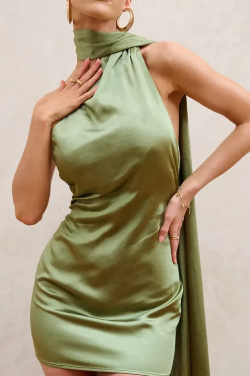 Nasira | Olive Asymmetric Neck Open Back Mini Dress With Scarf Detail