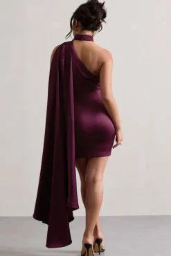 Natalie | Plum Satin One Shoulder Mini Dress With Scarf Detail