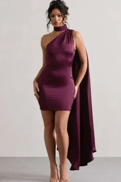 Natalie | Plum Satin One Shoulder Mini Dress With Scarf Detail