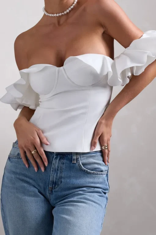Naturally | White Cotton-Blend Structured Bardot Top