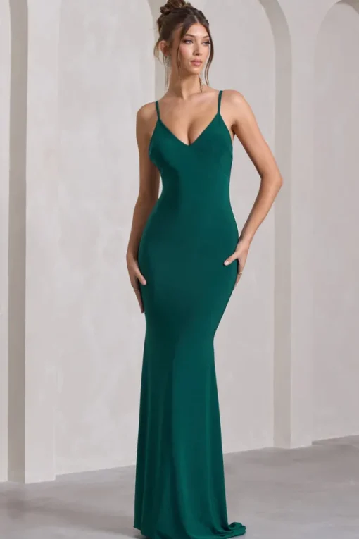 Naya | Bottle Green Strappy V-Neck Fishtail Maxi Dress