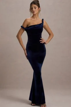 Neeka | Navy Velvet Twisted Asymmetric Maxi Dress