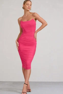 Negroni | Hot Pink Bandeau Corset Ruched Mesh Midi Dress