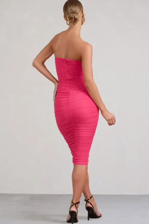 Negroni | Hot Pink Bandeau Corset Ruched Mesh Midi Dress