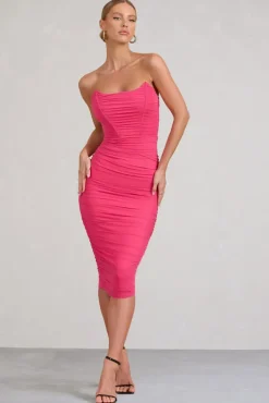 Negroni | Hot Pink Bandeau Corset Ruched Mesh Midi Dress