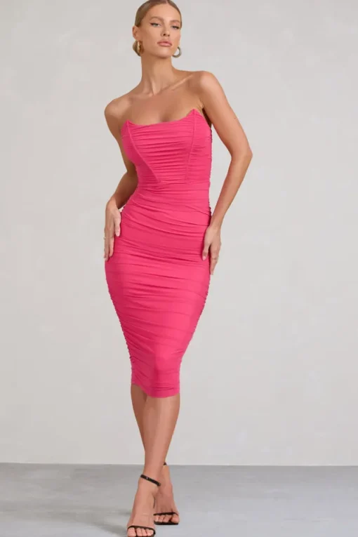 Negroni | Hot Pink Bandeau Corset Ruched Mesh Midi Dress