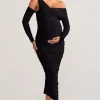 Neile | Black Asymmetric Bardot Maternity Midi Dress with Sleeves