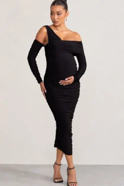 Neile | Black Asymmetric Bardot Maternity Midi Dress with Sleeves