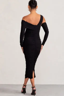 Neile | Black Asymmetric Bardot Maternity Midi Dress with Sleeves