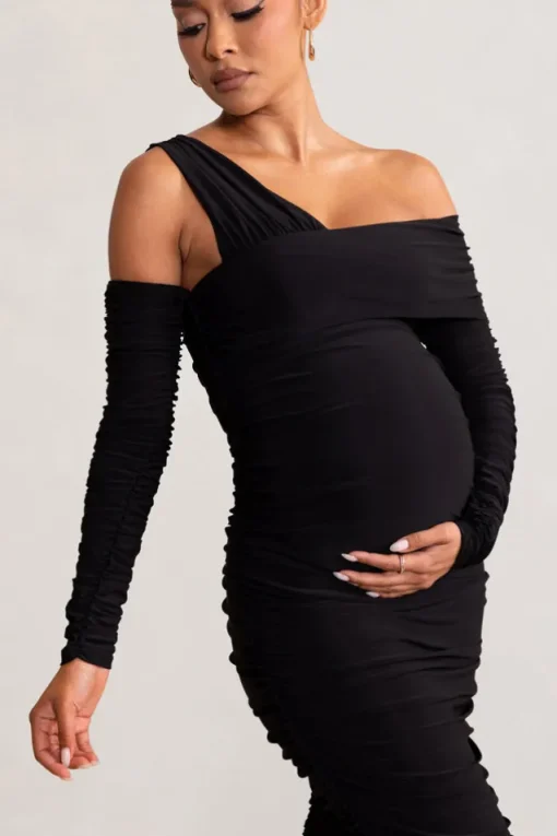 Neile | Black Asymmetric Bardot Maternity Midi Dress with Sleeves
