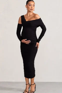 Neile | Black Asymmetric Bardot Maternity Midi Dress with Sleeves