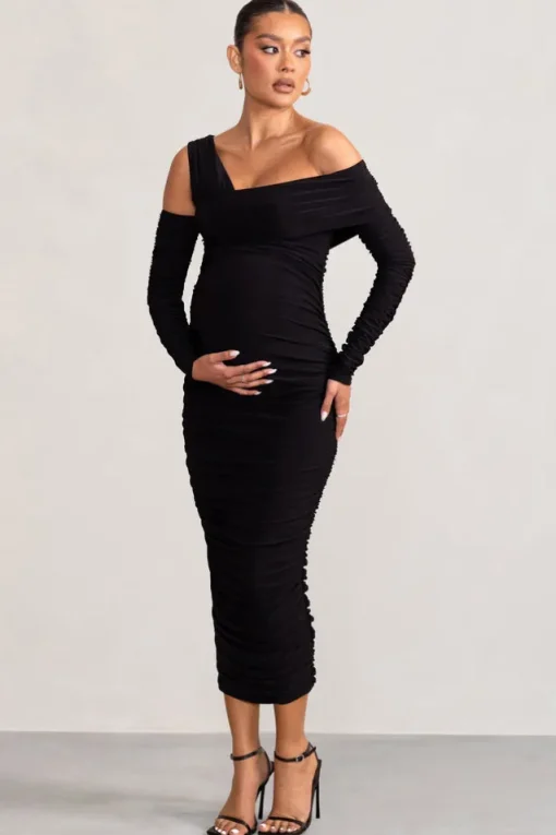Neile | Black Asymmetric Bardot Maternity Midi Dress with Sleeves