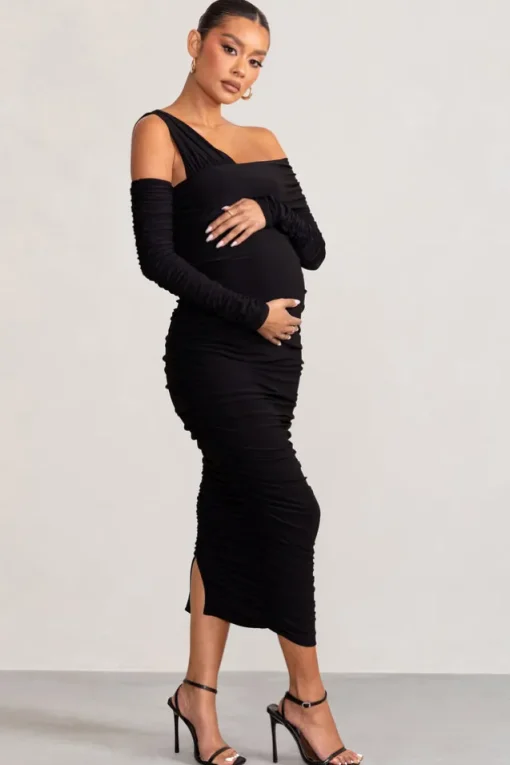 Neile | Black Asymmetric Bardot Maternity Midi Dress with Sleeves