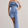 Neptune | Blue Lace Strapless Ruffled Mini Dress With Drape