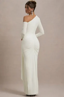 Nerina | Cream Asymmetric Long-Sleeve Split Maxi Dress