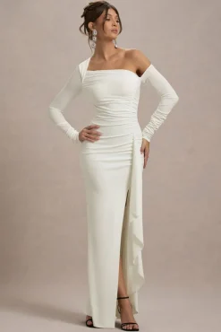 Nerina | Cream Asymmetric Long-Sleeve Split Maxi Dress