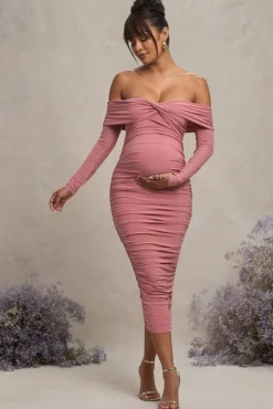 Neva | Blush Bardot Twist Maternity Midi Dress