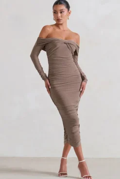 Neva | Mocha Bardot Twist Midi Dress