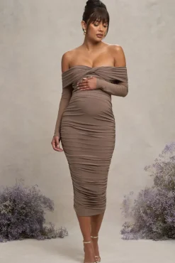 Neva | Mocha Bardot Twist Maternity Midi Dress