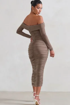 Neva | Mocha Bardot Twist Midi Dress