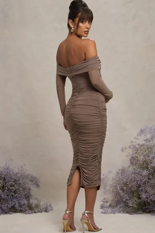Neva | Mocha Bardot Twist Maternity Midi Dress