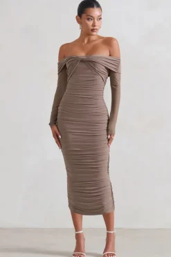 Neva | Mocha Bardot Twist Midi Dress