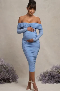 Neva | Powder Blue Bardot Twist Maternity Midi Dress