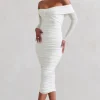 Neva | White Bardot Twist Midi Dress