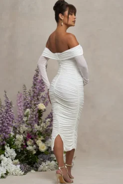 Neva | White Bardot Twist Maternity Midi Dress
