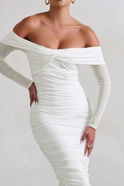 Neva | White Bardot Twist Midi Dress