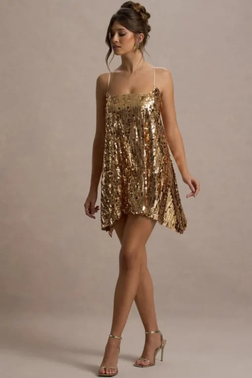 Nevada | Gold Embellished Strappy Halter-Neck Mini Dress