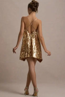 Nevada | Gold Embellished Strappy Halter-Neck Mini Dress