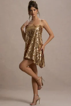 Nevada | Gold Embellished Strappy Halter-Neck Mini Dress