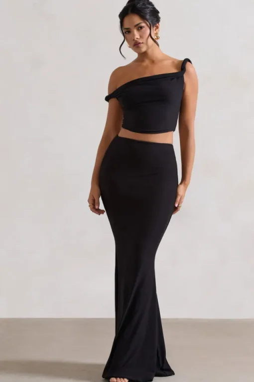 Neve | Black Gathered Maxi Skirt