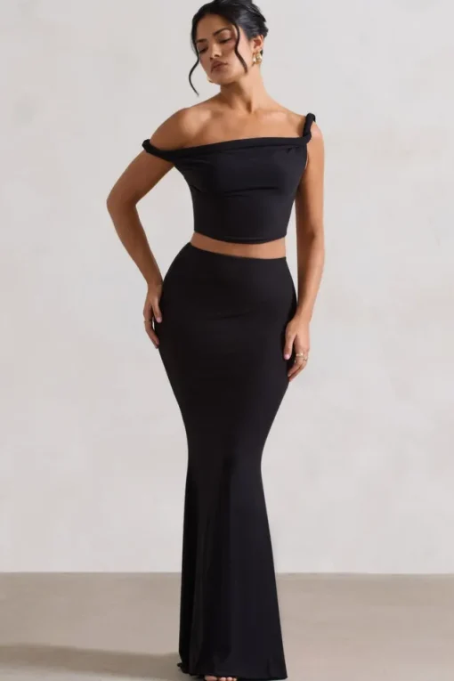 Neve | Black Gathered Maxi Skirt