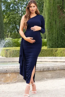Never Let Go |  Navy Maternity One Shoulder Ruched Side Detail Maxi Dress