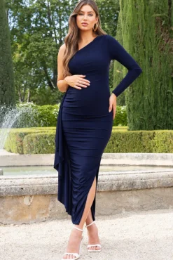 Never Let Go |  Navy Maternity One Shoulder Ruched Side Detail Maxi Dress