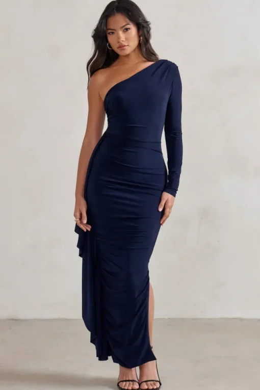 Never Let Go | Navy One Shoulder Ruched Side Detail Maxi Dress