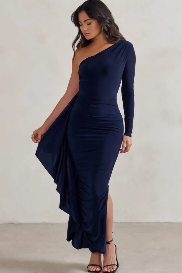 Never Let Go | Navy One Shoulder Ruched Side Detail Maxi Dress