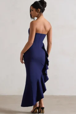 New Age | Navy Strapless Asymmetric Ruffled Maxi Dress
