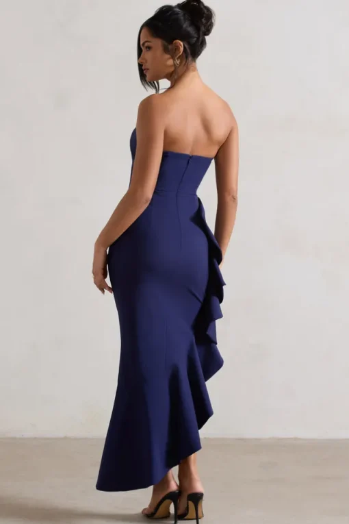 New Age | Navy Strapless Asymmetric Ruffled Maxi Dress