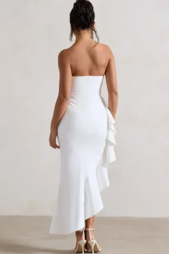 New Age | White Strapless Asymmetric Ruffled Maxi Dress