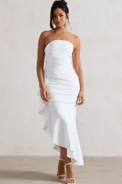 New Age | White Strapless Asymmetric Ruffled Maxi Dress