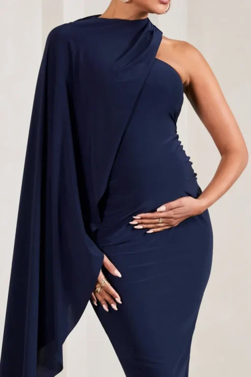 New Chapter | Navy Asymmetric Maternity Midi Dress With Cape