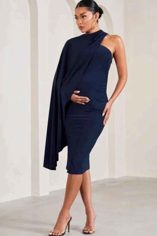 New Chapter | Navy Asymmetric Maternity Midi Dress With Cape