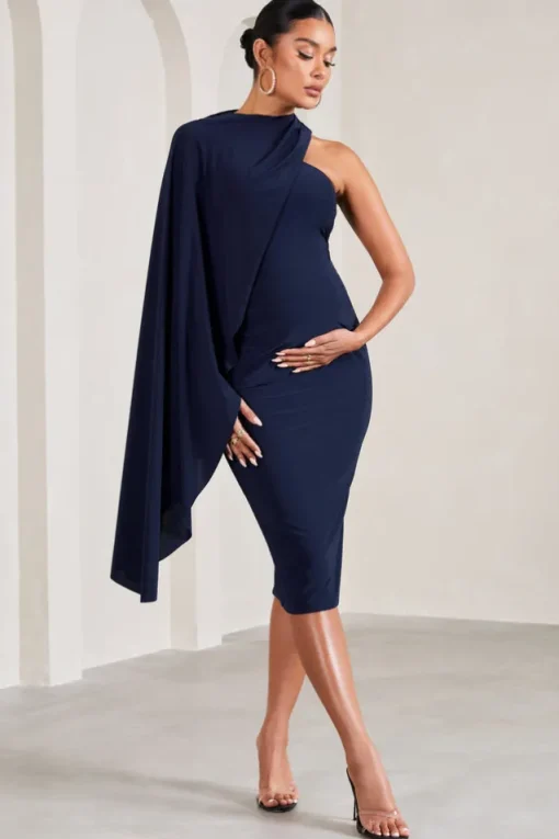 New Chapter | Navy Asymmetric Maternity Midi Dress With Cape