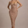 New Energy | Gold Sequin Strappy Ruched Bodycon Midi Dress
