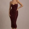 New Energy | Plum Sequin Strappy Ruched Bodycon Midi Dress